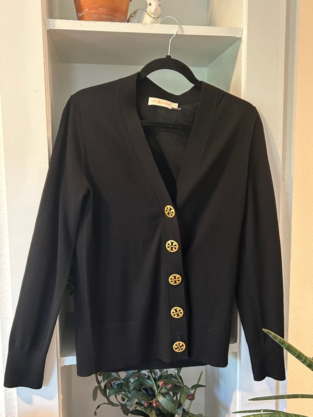 Tory Burch Simone Black V-Neck Cardigan Gold Logo Button Sweater Size M - Picture 3 of 6